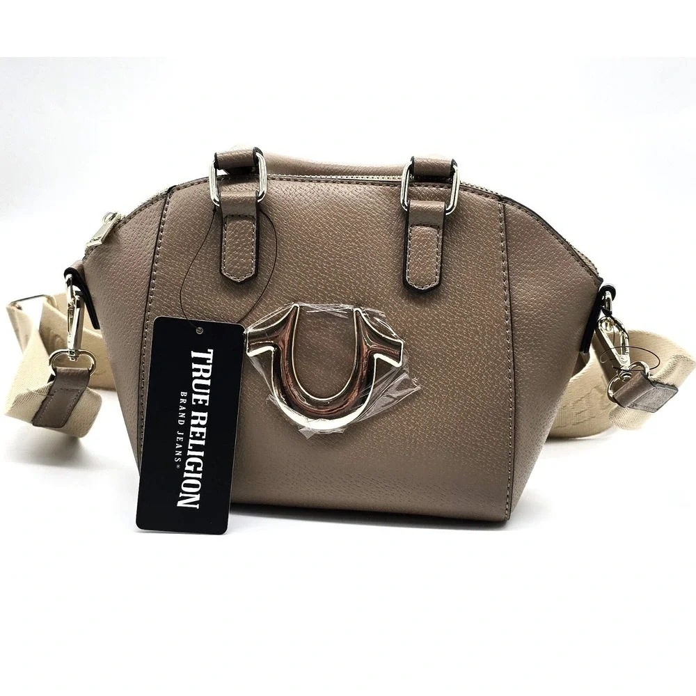 NWT True Religion Taupe Satchel Handbag Crossbody Purse Gold Logo MSRP $109